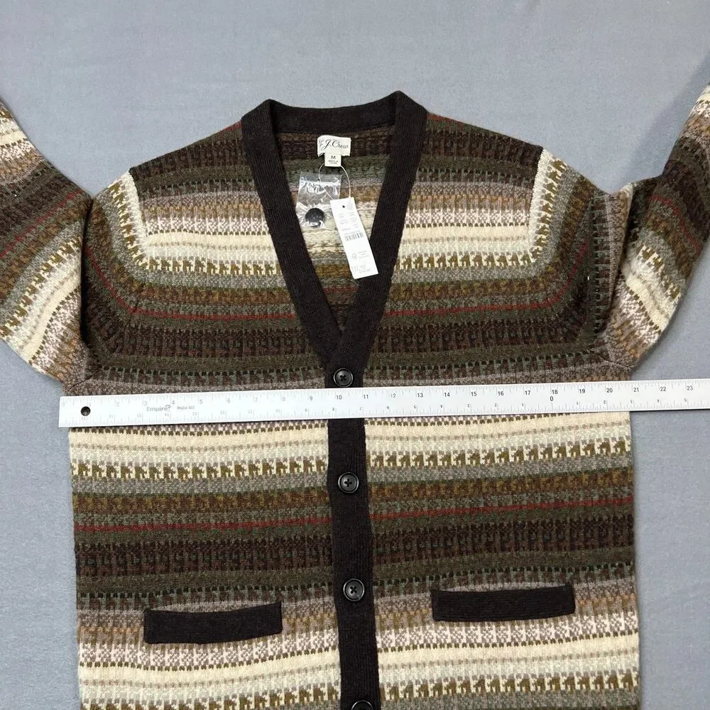 J.Crew Cardigan Sweater Men Medium Brown Ivory Fair Isle Wool Blend Button Front